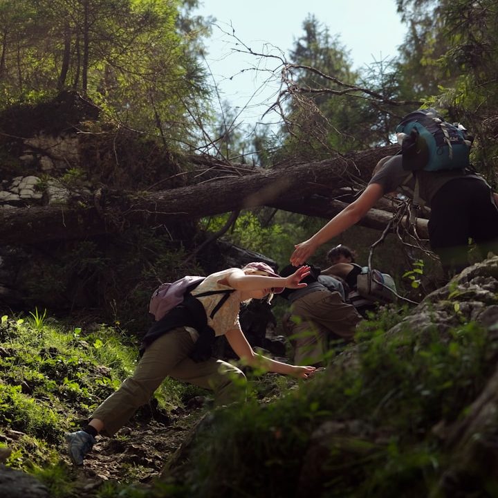 Auf dem Foto hilft eine Person einer anderen beim Klettern in der Natur. Es symbolisiert Unterstützung in Paarberatung und Sexualberatung.